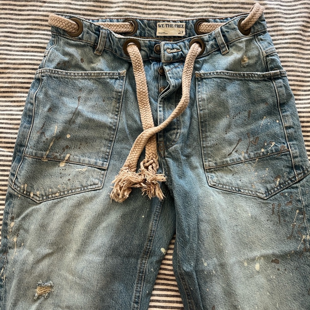 We The Free Washed Blue Boyfriend Jeans with Rope Tie - Picture 2 of 6